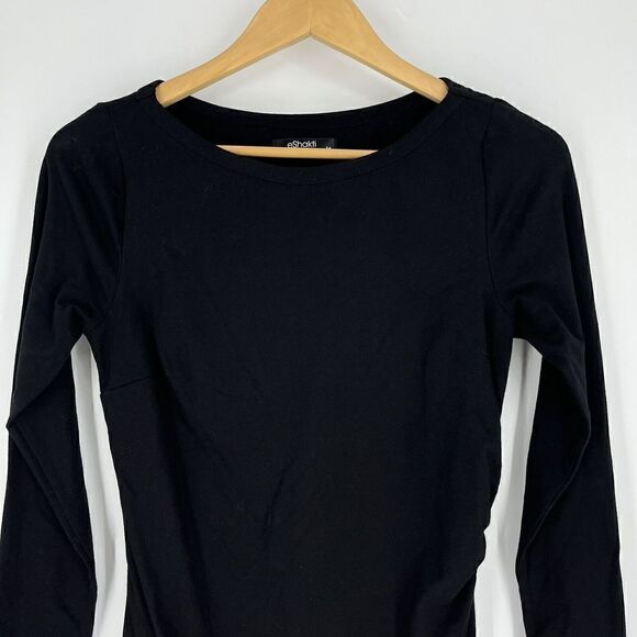 eShakti Dress Size Small Womens Black Ruched Round Neck Sheath Cotton Stretch - Picture 2 of 8